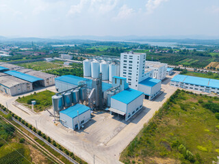 Aerial view of rice mill complex and storage silos Hubei © ZTC Studio