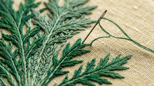 Detailed needlework process crafting green fern leaves on light beige fabric surface capturing artisan hand embroidery technique.