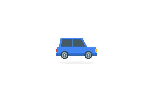 Blue flat car icon on white background, representing vehicle, transportation, automotive, and travel motion graphic.