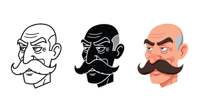 Grumpy bald man face with big mustache vector icon