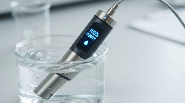 Clean water technologies use digital sensor equipment to measure purity in laboratory glass beaker with precise scientific accuracy