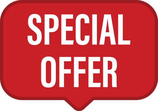 Red special offer speech bubble vector label with white modern typography for seasonal business clearance.