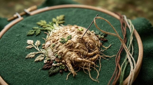 Embroidered celeriac root vegetable design with tan thread texture on dark green fabric for rustic kitchen wall art decor craft.