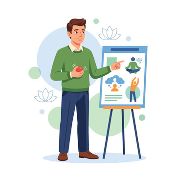 Man presenting stress relief techniques, mindfulness and relaxation on a flip chart with icons of meditation, breathing and exercise.