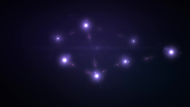 Quantum Computing Concept with Glowing Violet Qubit Spheres, Entangled Particle Links and Orbiting Electrons on Dark Background, Seamless 4K Loop, Futuristic Quantum Physics Technology Backdrop