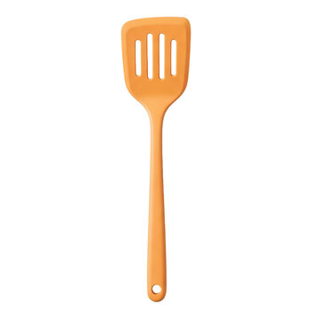 Orange silicone slotted spatula for cooking and kitchen food preparation isolated on white