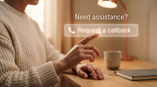 Woman reaching out to touch a virtual button for a callback request while sitting at a desk with a lamp and notebook