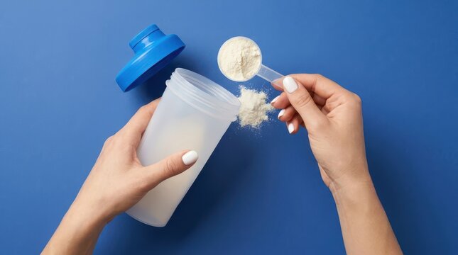 Top view of female hands pouring protein powder into a shaker cup on a blue background