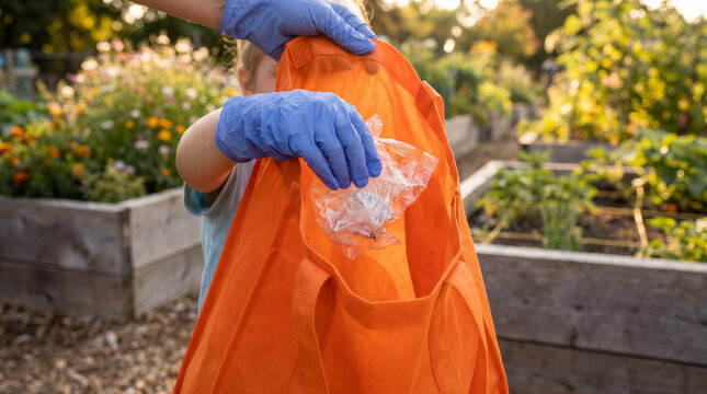 Child wearing blue gloves picking up plastic trash and putting it into an orange reusable bag in a community garden