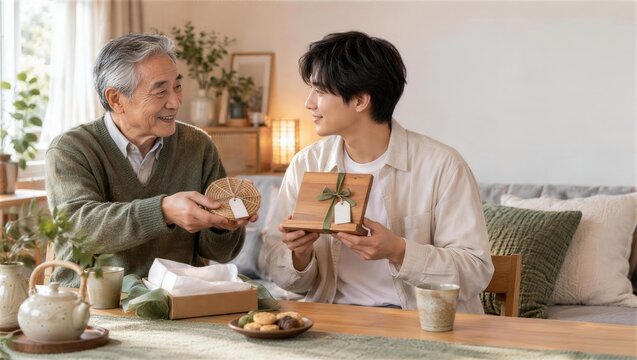 手作りの小物を交換する祖父と成人した孫