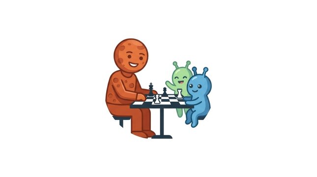 Cute planet and aliens playing chess at a table
