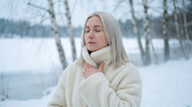 Woman with blonde hair wearing a white fleece coat standing in a snowy winter forest with eyes closed