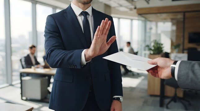 Honest Businessman in a Formal Suit Making a Stop Gesture and Refusing a White Envelope Offered by Another Person in a Modern Office, Representing Integrity and Anti-Corruption Concepts