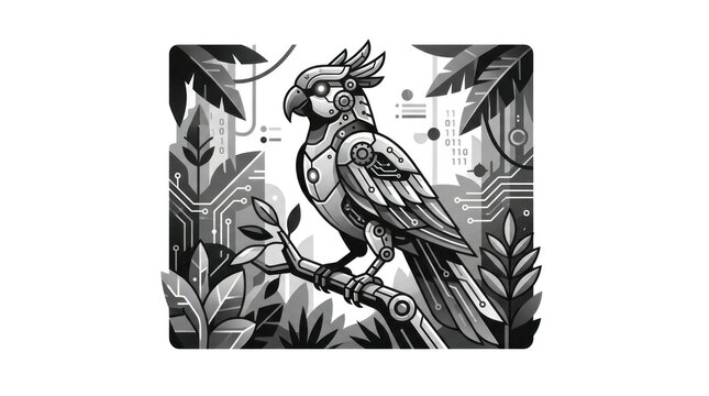 Cybernetic parrot in digital tropical jungle environment frame illustration.