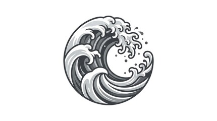 Fototapeta premium Detailed gray-scale Japanese wave ukiyo-e emblem.