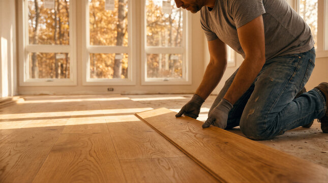Professional worker installing new hardwood flooring in a sunlit room with large windows
