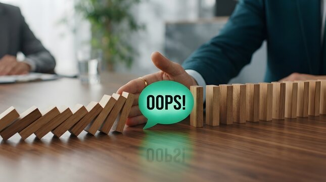 Businessman Hand Stopping Falling Wooden Blocks Domino Effect with Oops Speech Bubble for Risk Management, Crisis Prevention, and Problem Solving Business Concept in Professional Office Setting