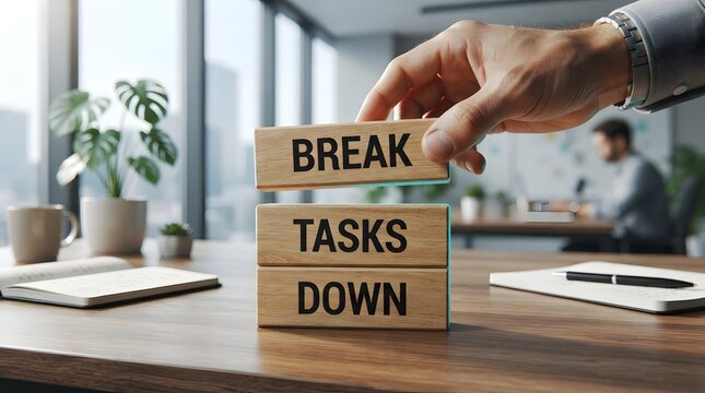 Businessman Hand Lifting Wooden Block with Break Tasks Down Text in Modern Office, Concept of Productivity, Project Management, Breaking Large Goals into Achievable Small Steps and Work Efficiency