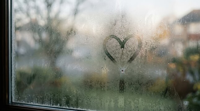 Heart shape drawn on a foggy window pane with water droplets