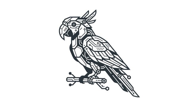 Detailed mechanical parrot side view tech illustration.