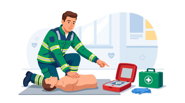 Paramedic demonstrates CPR and AED usage on a training dummy with medical equipment