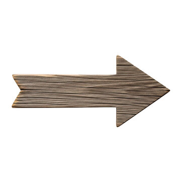 Rustic wooden arrow sign isolated on white background for directional navigation design.