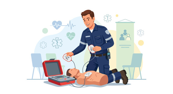 Paramedic practicing CPR and AED use on a medical dummy, illustrating emergency medical care training and lifesaving techniques.