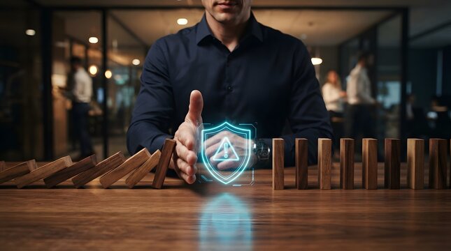 Businessman stopping falling wooden dominoes with hand and digital shield icon for risk management, crisis prevention, insurance protection, and business security concept in office environment.
