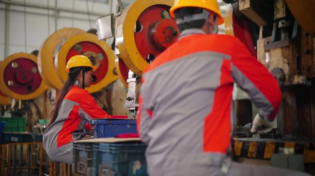 Machine shop workers operating heavy metalworking machinery for steel machining, metal industry processing, manufacturing, engineering industrial production, fabrication and skilled factory operations