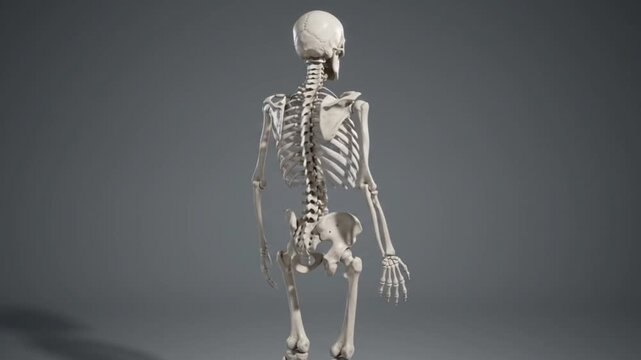 A detailed 3D render of a human skeleton viewed from the back against a neutral grey background.