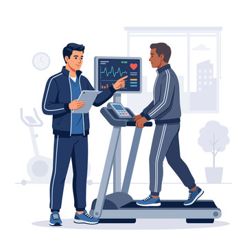 Personal Trainer Monitors Athlete's Heart Rate on Treadmill During Fitness Test