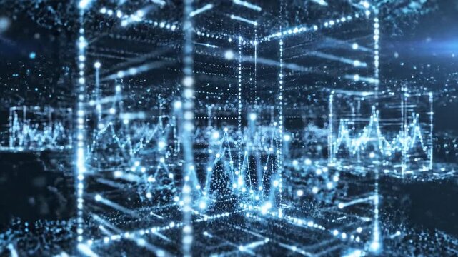 Glowing blue digital cube structure representing financial stock market data analysis in motion animation video footage