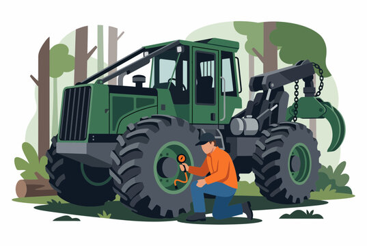 Forestry Professional Maintaining Industrial Log Forwarder in Forest