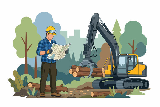 Forestry worker with map and logging machinery in a forest setting