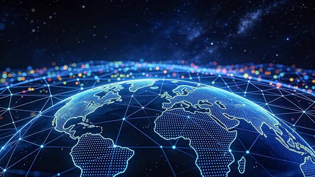 Digital earth globe with blue network lines and glowing dots on dark space background