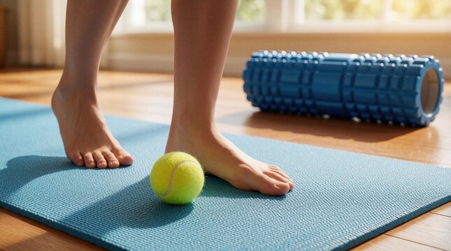 Bare foot presses tennis ball on blue yoga mat next to foam roller for physical therapy. Foot exercise aids plantar fasciitis relief and recovery at home.