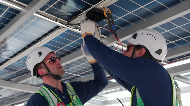 Team man engineer inspection maintenance solar panel, renewable energy, installation and photovoltaic system control service, sustainable energy, two technician inspect solar power efficiency.