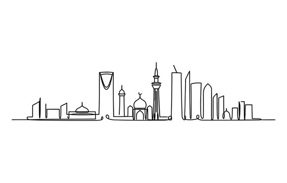 Continuous single line drawing of riyadh city skyline with famous modern skyscrapers and traditional architecture