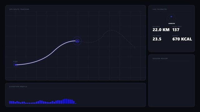 Motion graphic design showing cycling route progress data with distance and calories burned on a dark UI dashboard