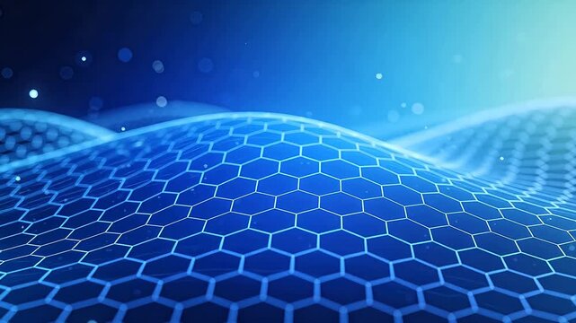 Abstract blue hexagon grid surface with glowing lines and digital wave background