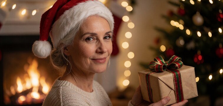 Smiling senior woman in a Santa hat holding a wrapped gift box in a cozy, warmly lit holiday setting with a Christmas tree.