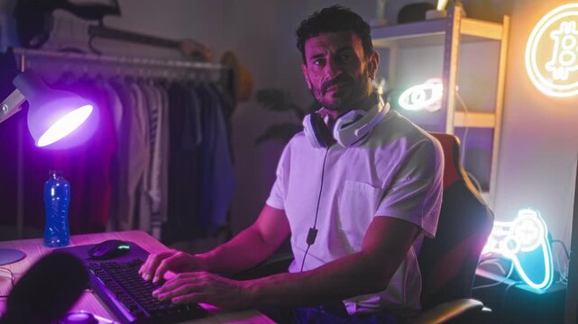 Man wearing headset gives thumbs up while seated at studio desk with keyboard, neon game controller and bitcoin sign, casual shirt and chair; confidence.