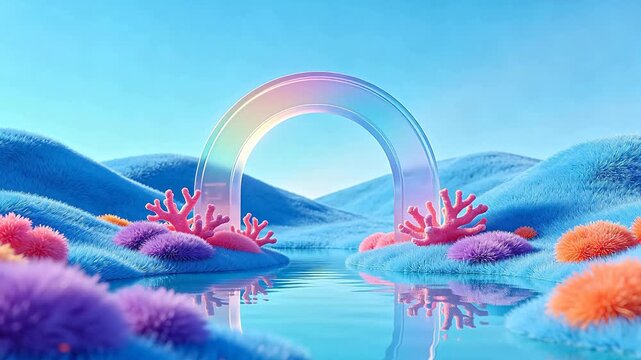 Fluffy pastel hills with pink coral plants and transparent rainbow arch over water reflection