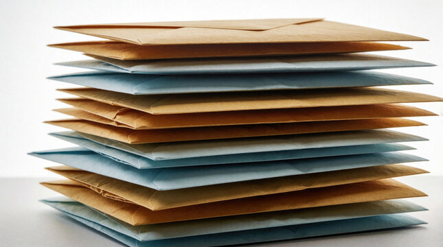 Tall stack of manila, light blue envelopes on white background. Pile of paper mail with crisp texture for business correspondence. Many letters for office paperwork communication needs. Close up view