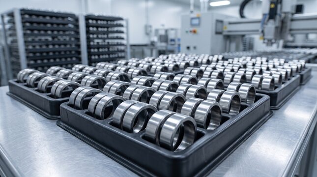 Precision Metal Bearings Stored in Factory Trays Ready for Assembly and Distribution