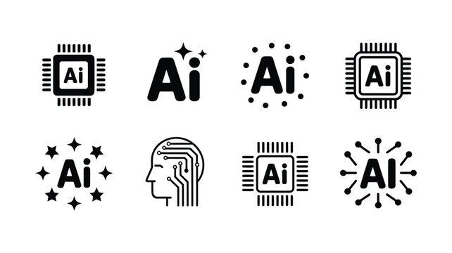 AI Icons Set, Artificial Intelligence Technology Symbols and Machine Learning Logos