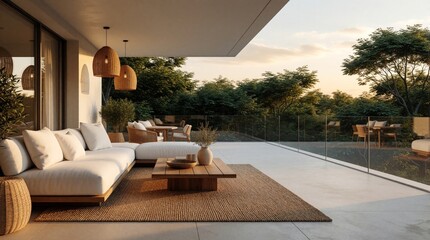 Obraz premium Modern patio with sectional sofa and dining set offers rich green forest views. Contemporary terrace features wicker lamps and wooden table, perfect for relaxation and entertaining.