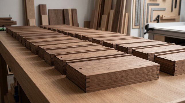 Many wooden boxes are neatly arranged on a workbench in a carpentry workshop
