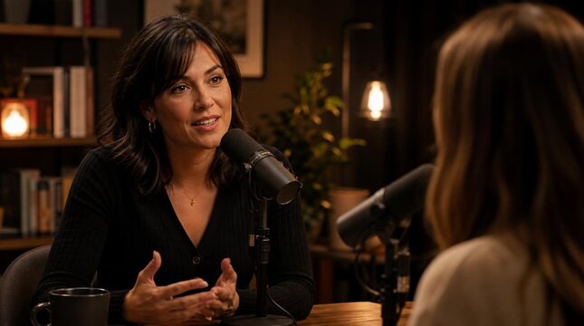 Smiling female podcast host speaking into studio microphone during cozy interview with guest visible across table, warm ambient lighting