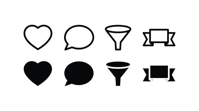 Social Media Icons Set, Heart Chat Filter and Video Banner Symbols